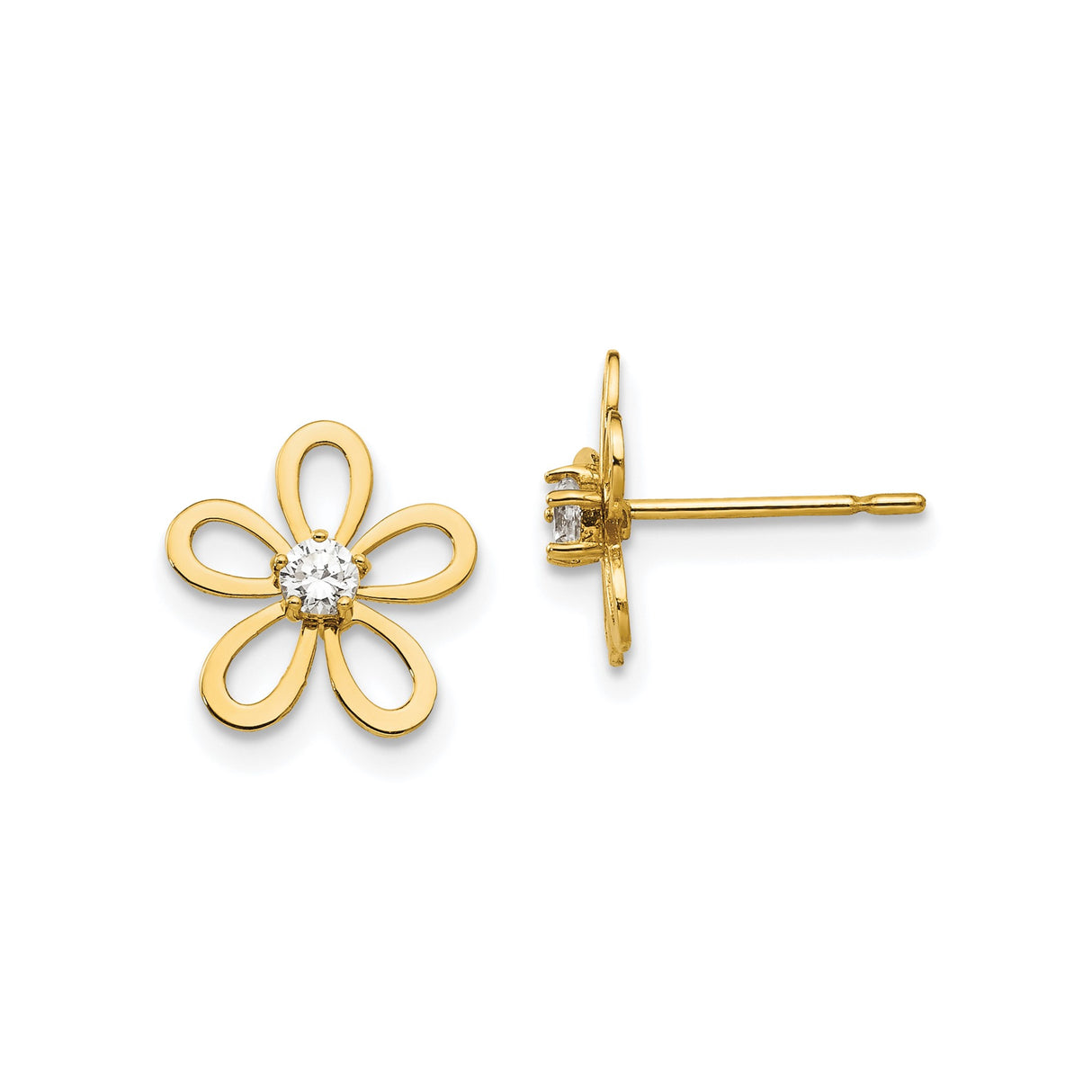 14k Yellow Gold Flower Stud Earrings with Cubic Zirconia Center and Open Petal Design