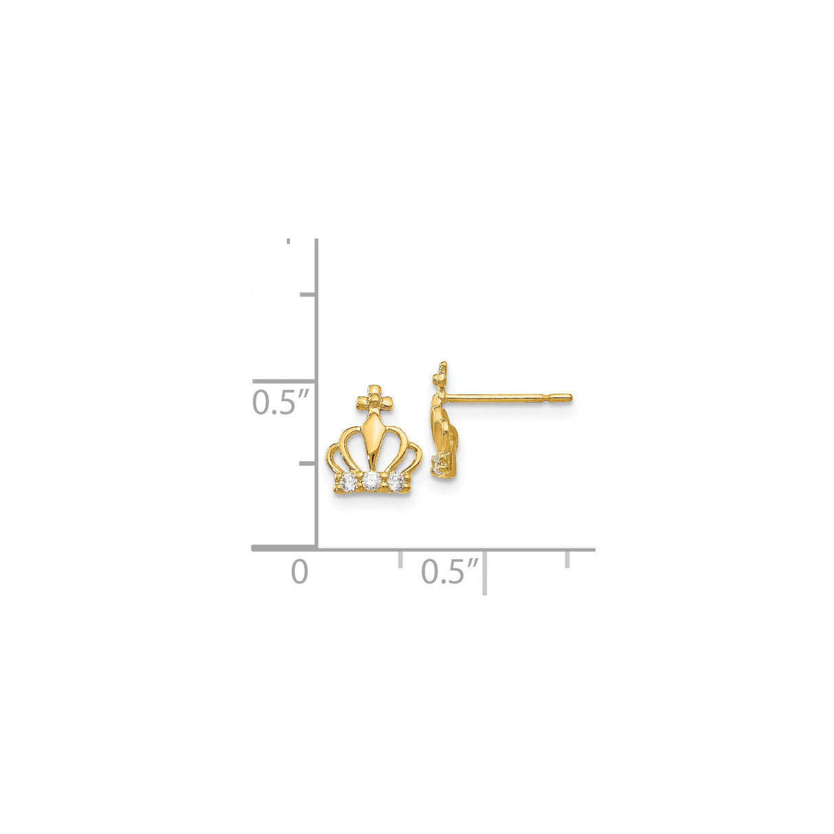 14k Yellow Gold Crown Stud Earrings with Three Cubic Zirconia, Dainty Princess Style