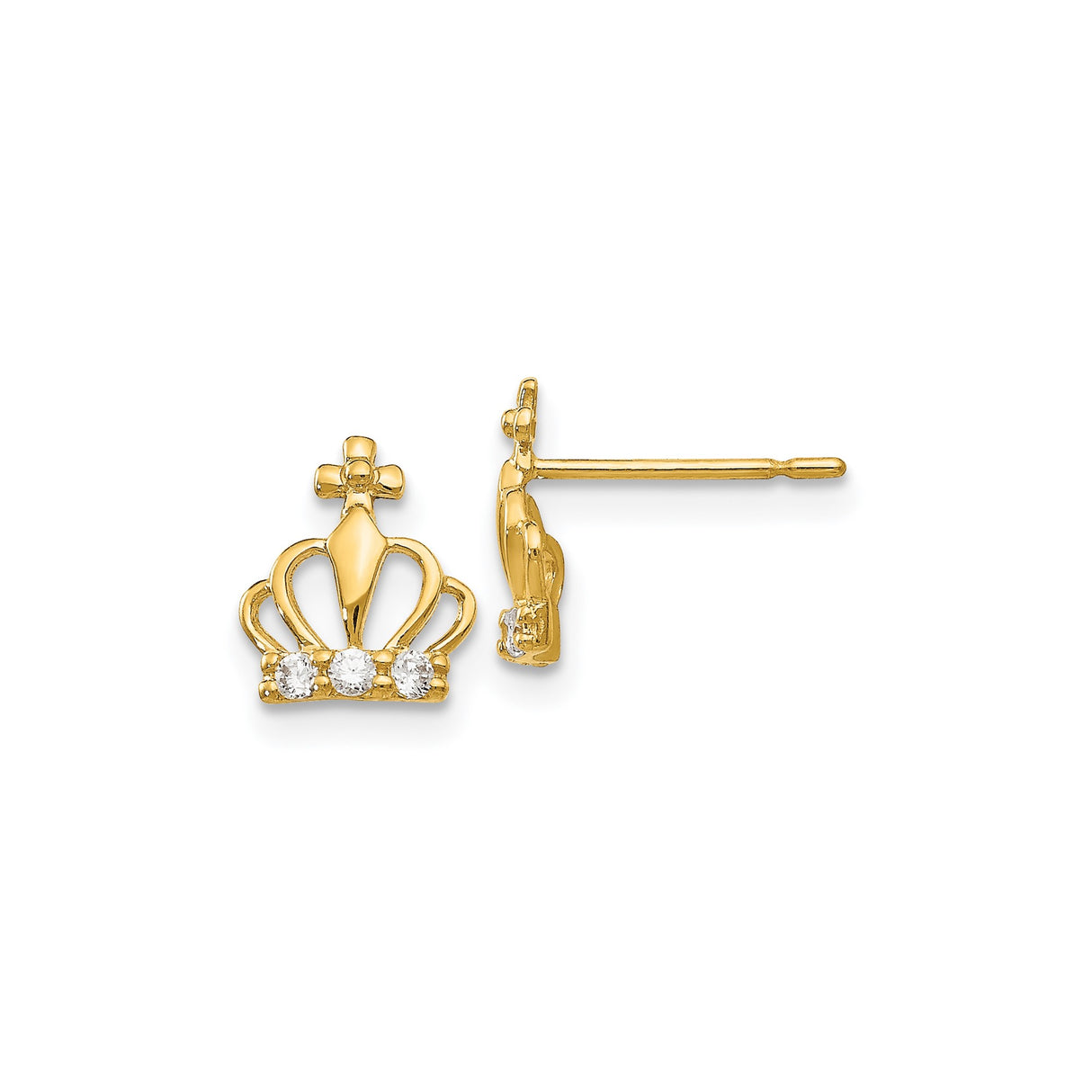 14k Yellow Gold Crown Stud Earrings with Three Cubic Zirconia, Dainty Princess Style
