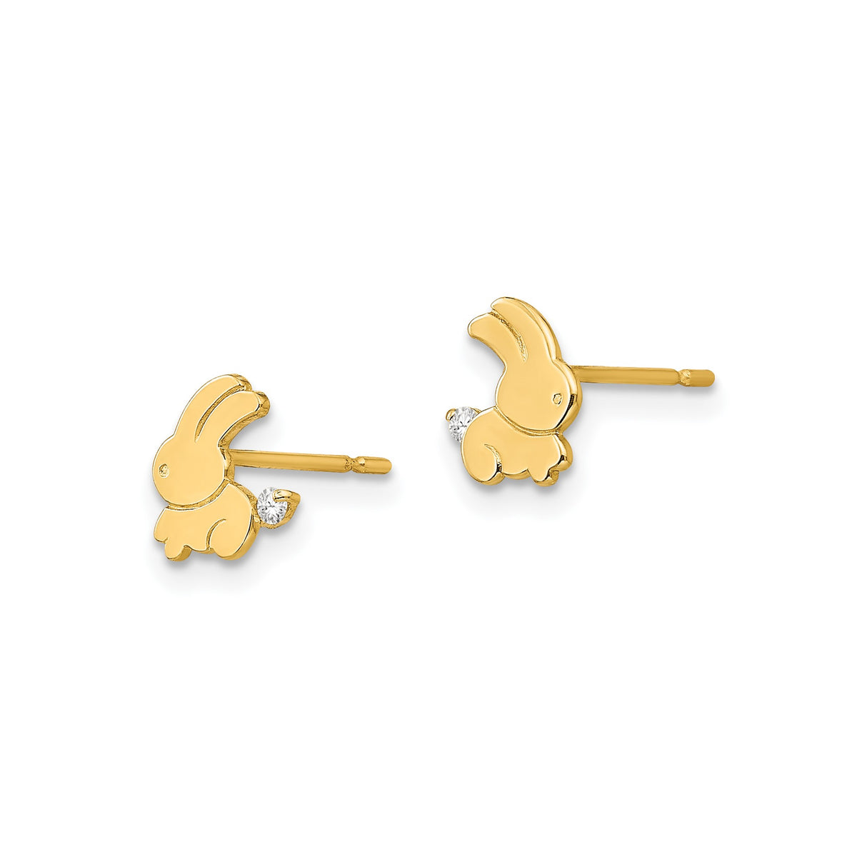 14k Yellow Gold Bunny Stud Earrings with Cubic Zirconia Tail, Cute Animal Motif for Women or Girls