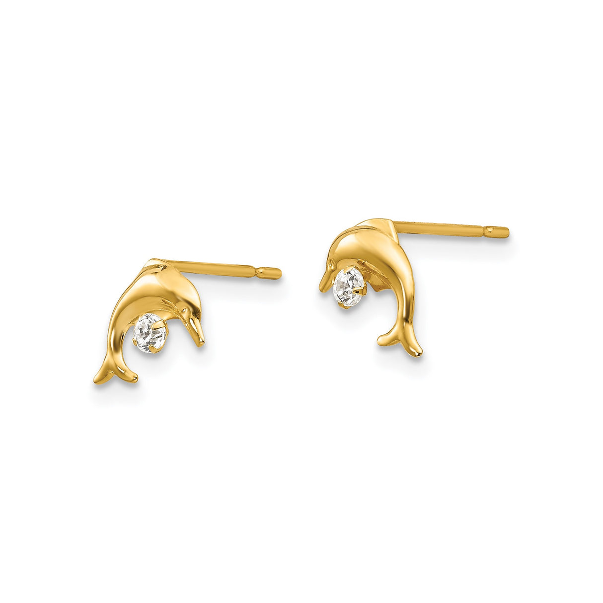 14k Yellow Gold Dolphin Stud Earrings with Cubic Zirconia, Ocean Theme for Women