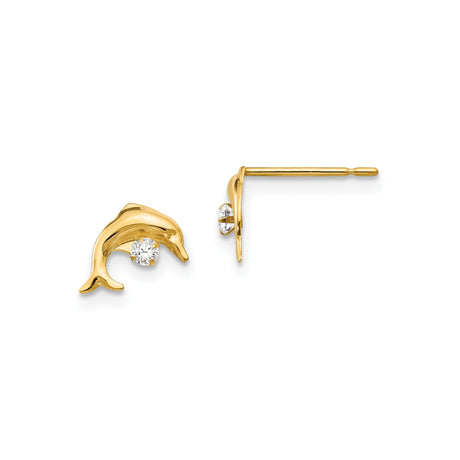 14k Yellow Gold Dolphin Stud Earrings with Cubic Zirconia, Ocean Theme for Women