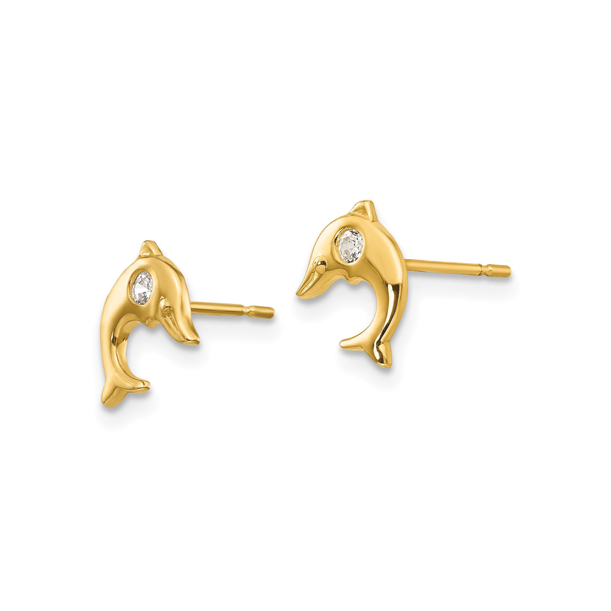 14k Yellow Gold Dolphin Stud Earrings with Cubic Zirconia, Ocean Theme Jewelry for Women or Girls
