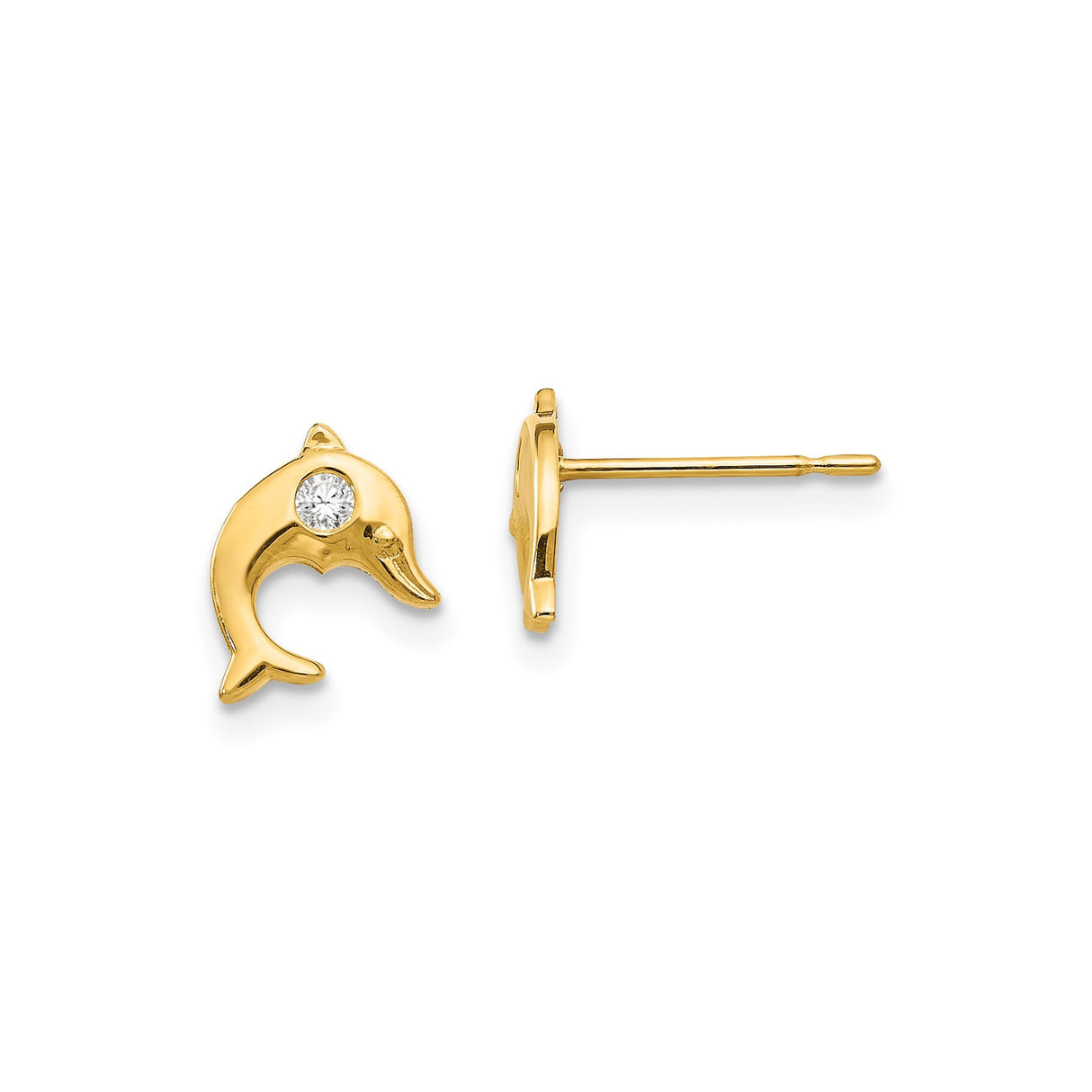 14k Yellow Gold Dolphin Stud Earrings with Cubic Zirconia, Ocean Theme Jewelry for Women or Girls