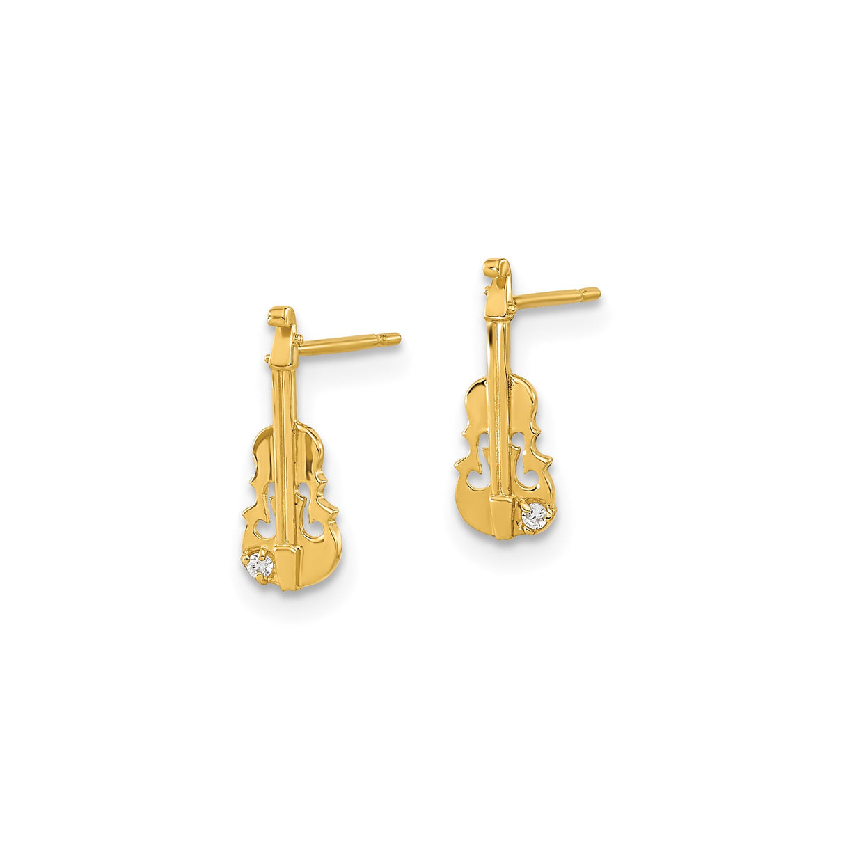 14k Yellow Gold Violin Stud Earrings with Cubic Zirconia, Music Themed Jewelry for Women