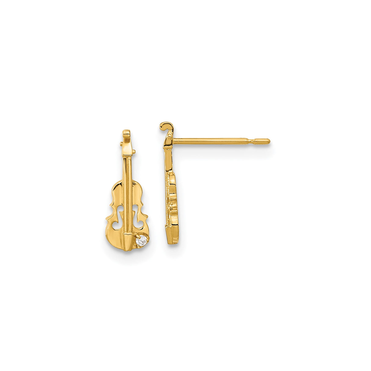 14k Yellow Gold Violin Stud Earrings with Cubic Zirconia, Music Themed Jewelry for Women