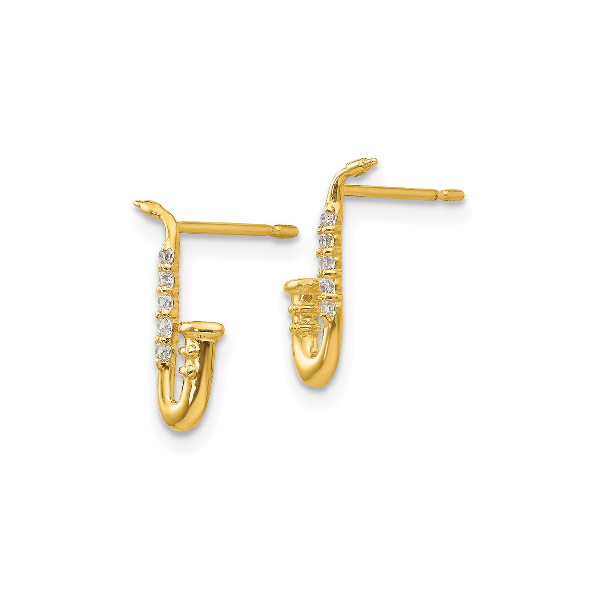 14k Yellow Gold Saxophone Stud Earrings with Cubic Zirconia, Jazz Music Theme