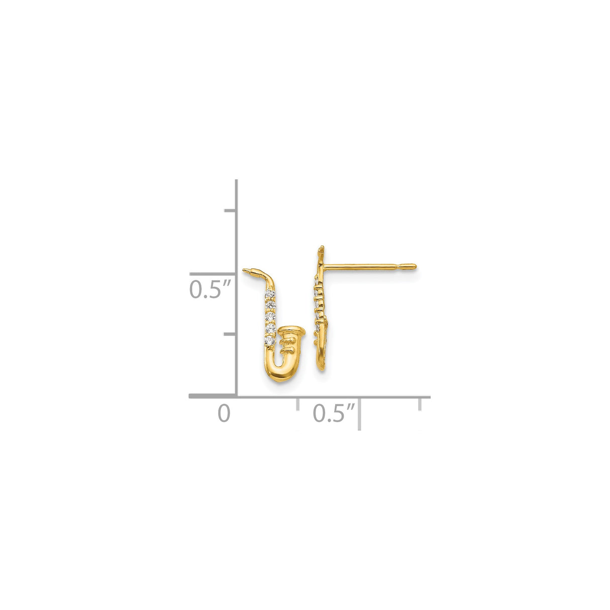 14k Yellow Gold Saxophone Stud Earrings with Cubic Zirconia, Jazz Music Theme