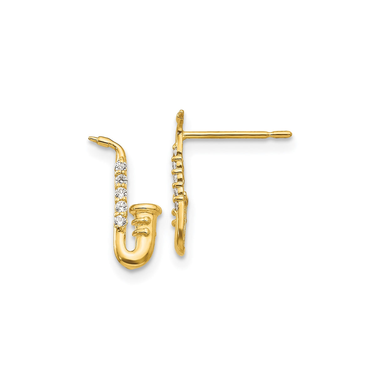 14k Yellow Gold Saxophone Stud Earrings with Cubic Zirconia, Jazz Music Theme