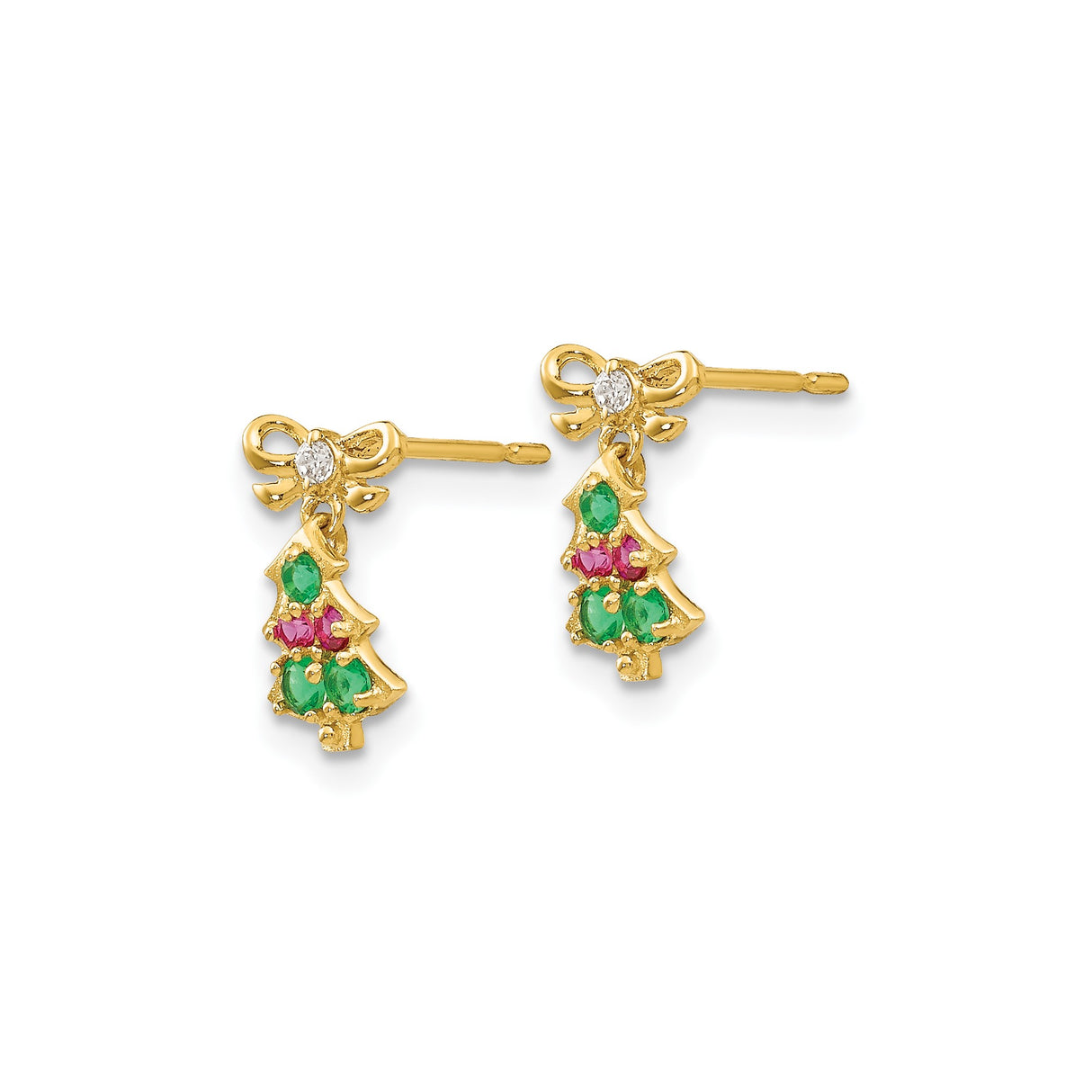 14k Yellow Gold Christmas Tree Stud Earrings with Cubic Zirconia and Holiday Accents