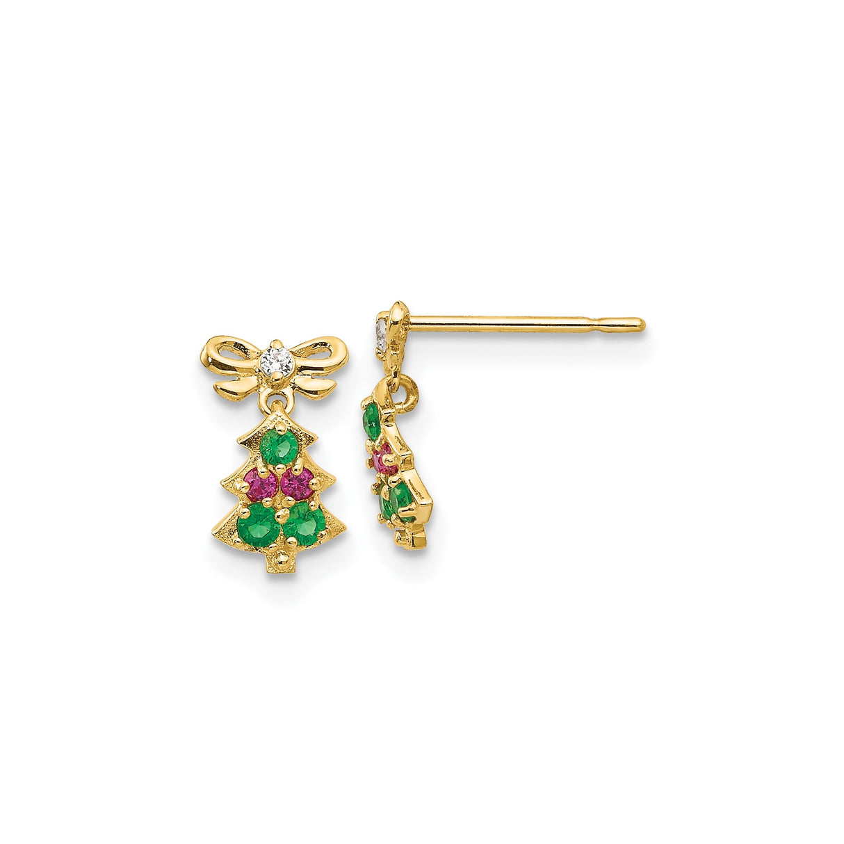 14k Yellow Gold Christmas Tree Stud Earrings with Cubic Zirconia and Holiday Accents