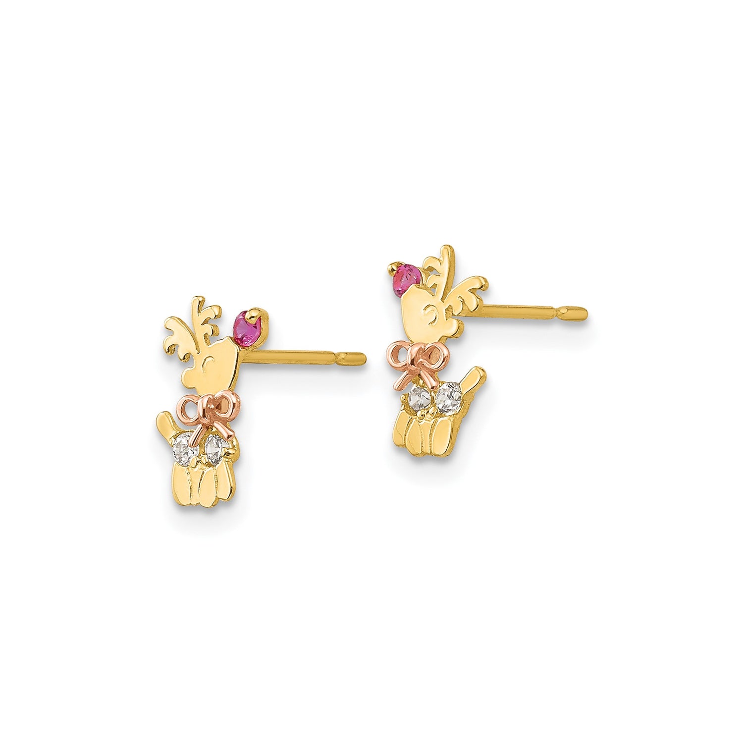 14k Two-Tone Gold Reindeer Stud Earrings with Cubic Zirconia and Red Nose Bow Holiday Theme