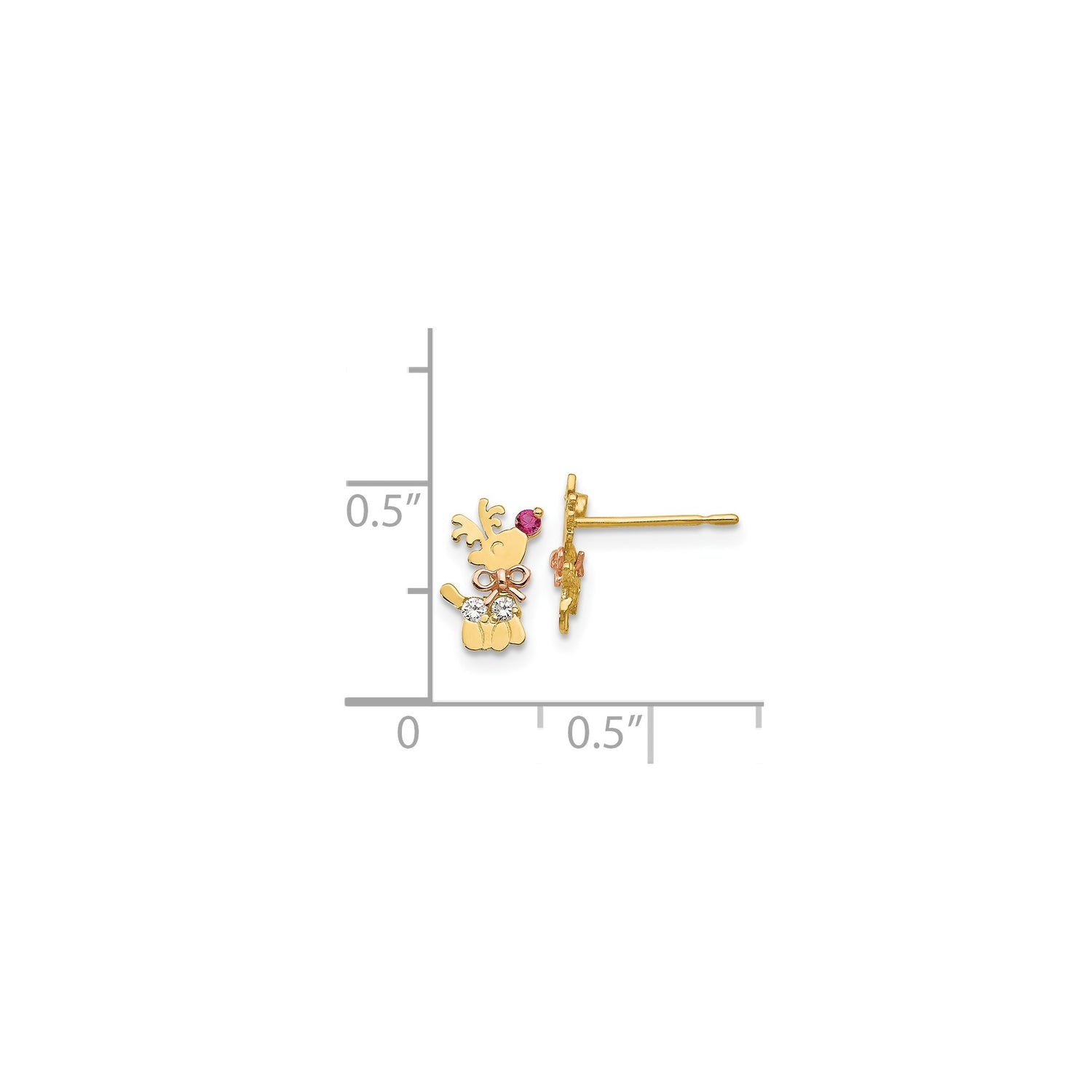 14k Two-Tone Gold Reindeer Stud Earrings with Cubic Zirconia and Red Nose Bow Holiday Theme