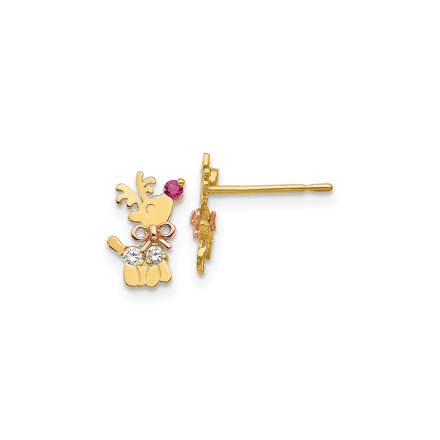 14k Two-Tone Gold Reindeer Stud Earrings with Cubic Zirconia and Red Nose Bow Holiday Theme