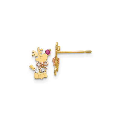 14k Two-Tone Gold Reindeer Stud Earrings with Cubic Zirconia and Red Nose Bow Holiday Theme