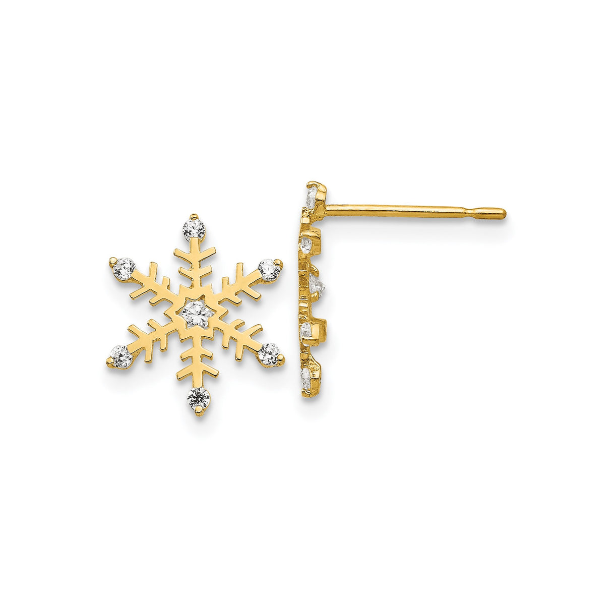 14k Yellow Gold Snowflake Stud Earrings with Cubic Zirconia, Winter Holiday Theme