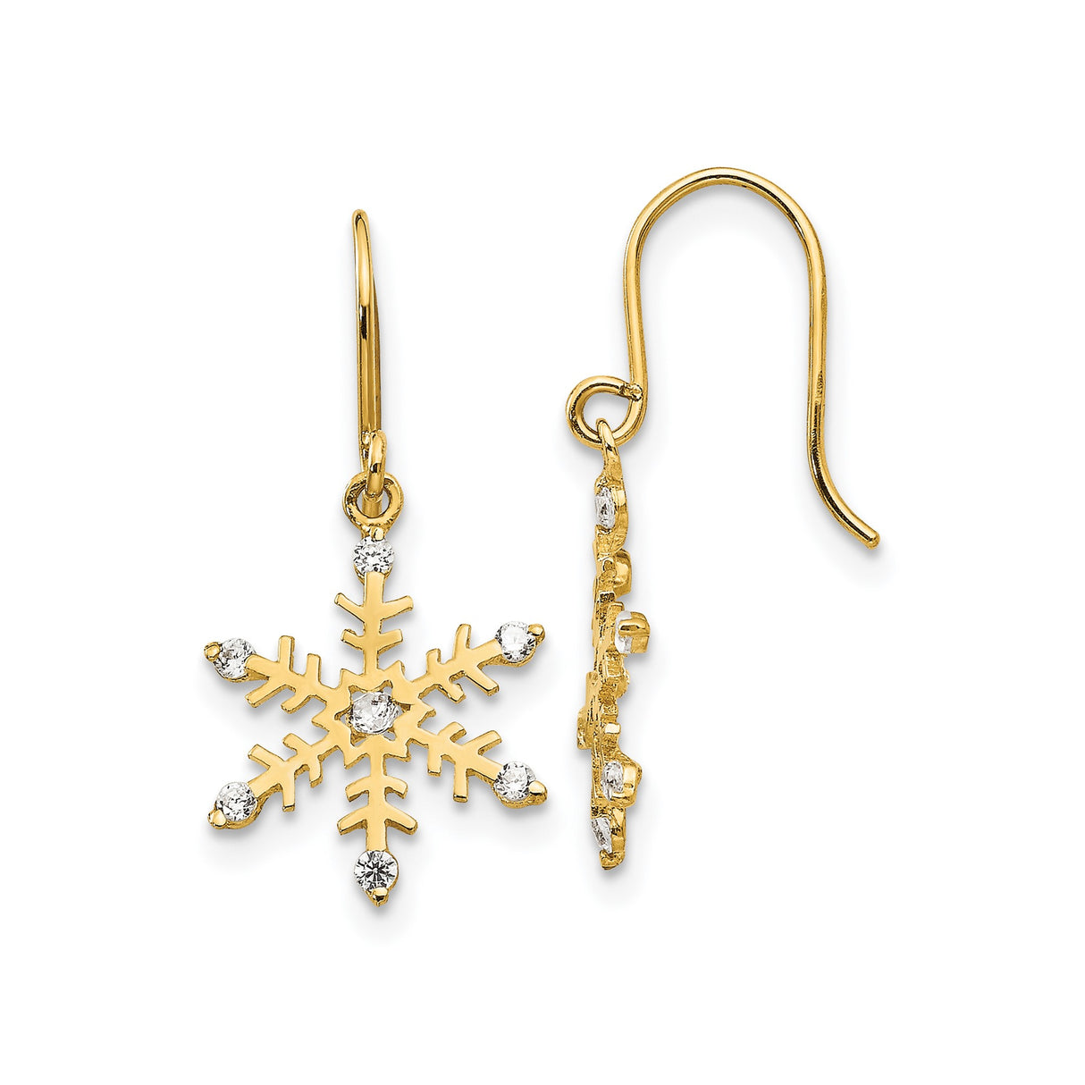 14k Yellow Gold Snowflake Drop Earrings with Cubic Zirconia, Winter Holiday Theme