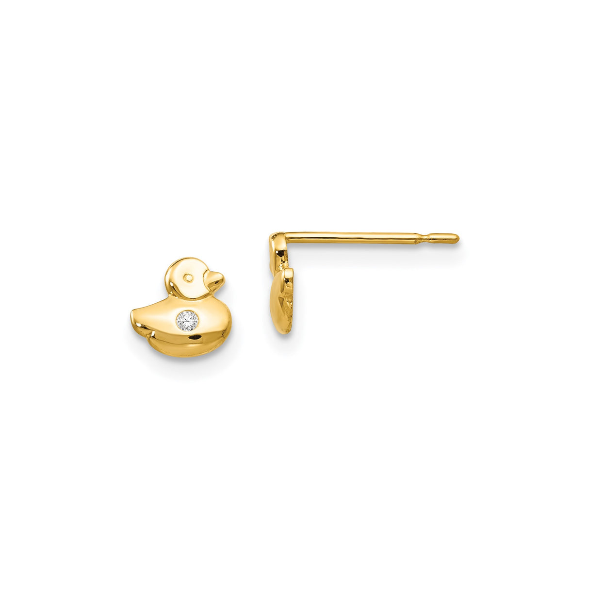 14k Yellow Gold Duck Stud Earrings with Cubic Zirconia, Mini Animal Design
