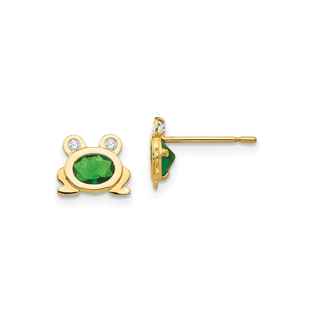 14k Yellow Gold Frog Stud Earrings with Cubic Zirconia Eyes, Whimsical Nature-Inspired Design