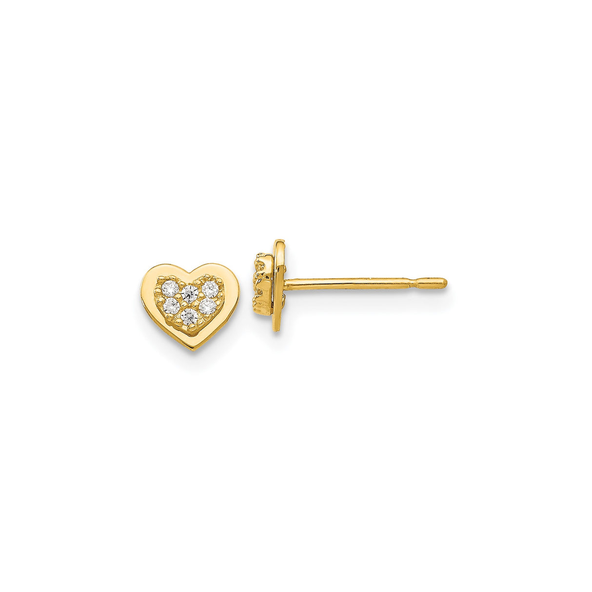 14k Yellow Gold Heart Stud Earrings with Cubic Zirconia, Dainty Romantic Design