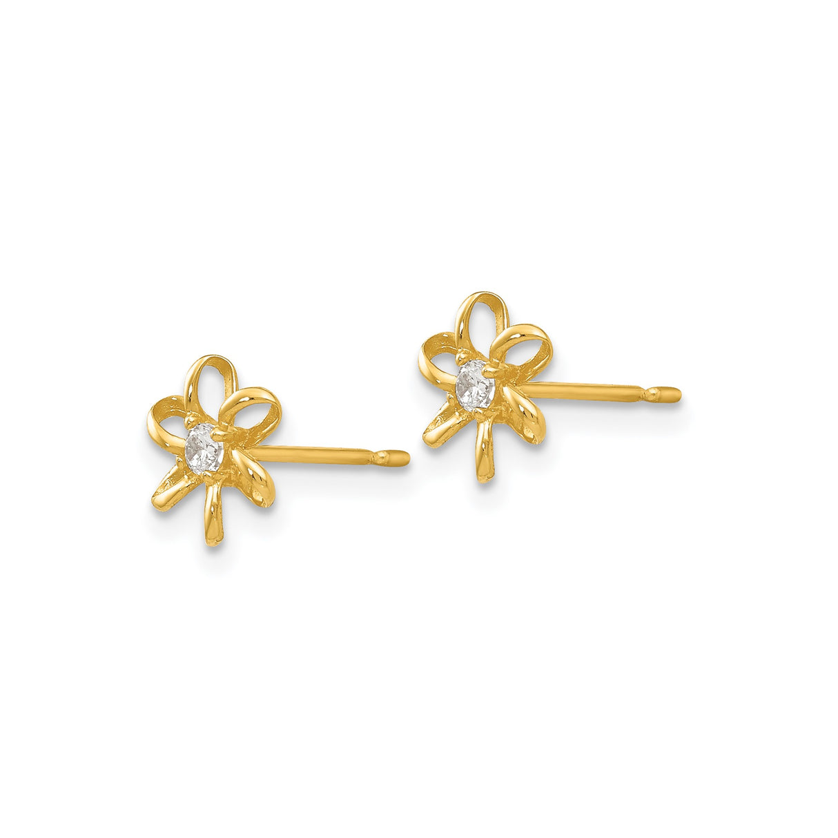 14k Yellow Gold Flower Stud Earrings with Cubic Zirconia Center, Open Petal Design for Women