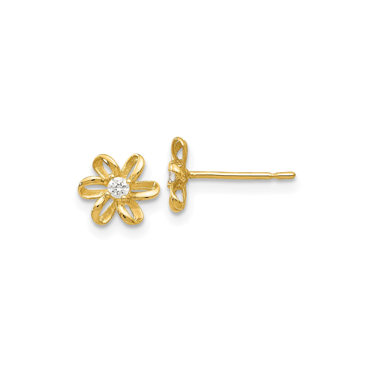 14k Yellow Gold Flower Stud Earrings with Cubic Zirconia Center, Open Petal Design for Women