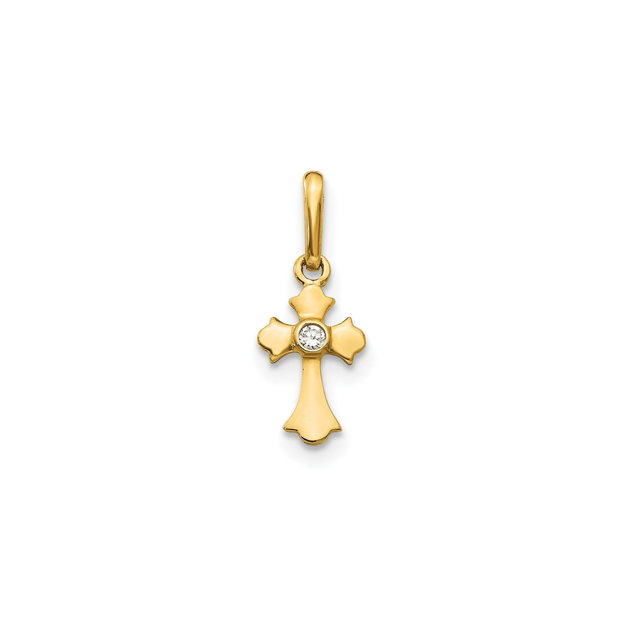 14k Yellow Gold Cross Pendant with Cubic Zirconia, Curved Edge High Polish Finish