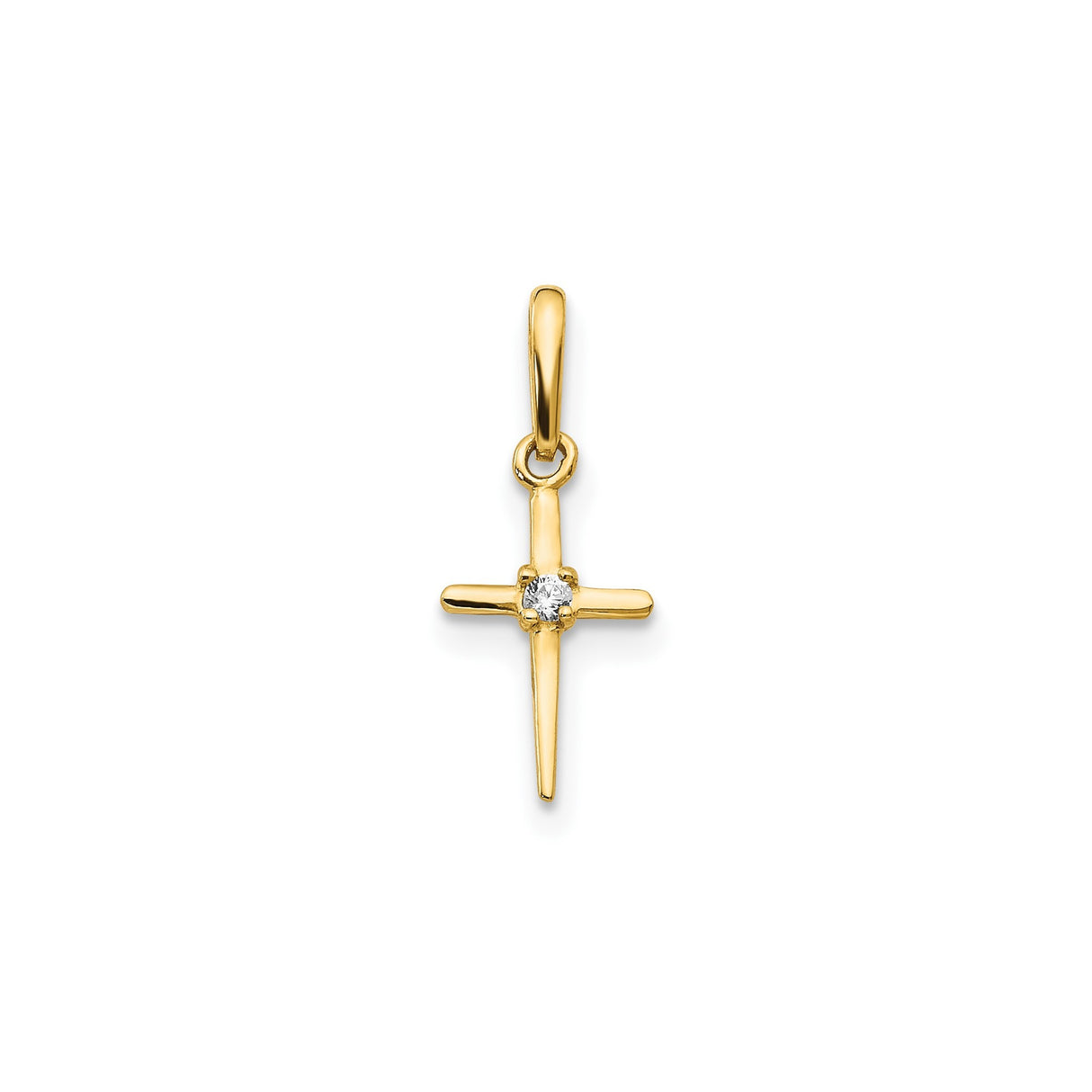 14k Yellow Gold Cross Pendant with Cubic Zirconia, Minimalist Polished Design for Men and Women