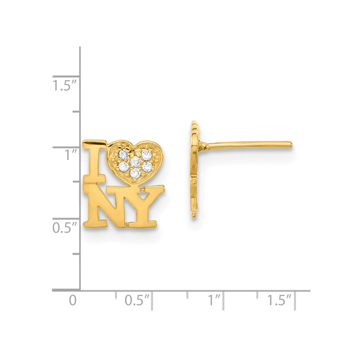 14k Yellow Gold I Love NY Stud Earrings with Cubic Zirconia Heart Accents, New York City Theme