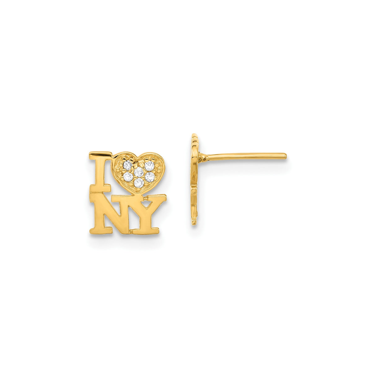 14k Yellow Gold I Love NY Stud Earrings with Cubic Zirconia Heart Accents, New York City Theme