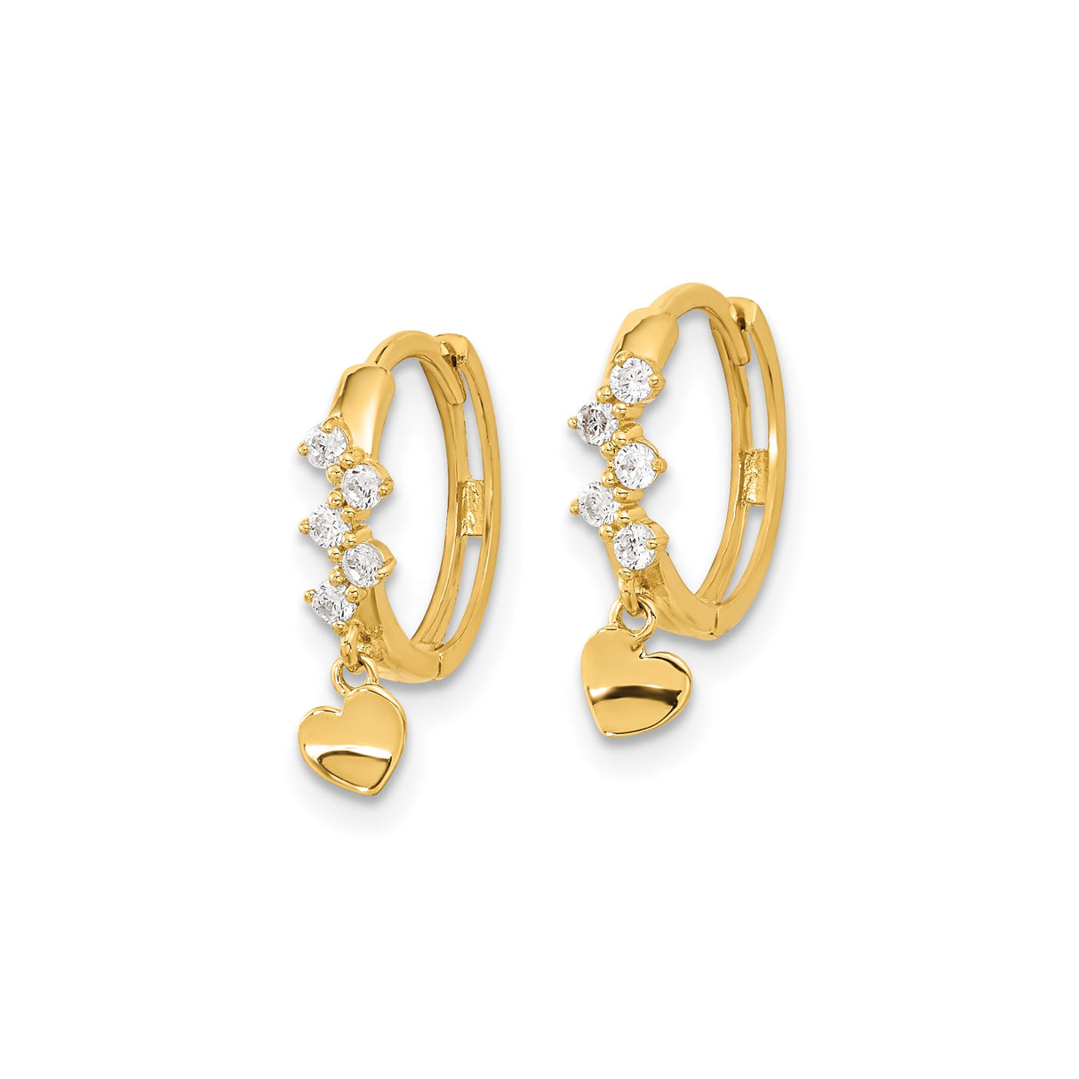14k Yellow Gold Hoop Earrings with Cubic Zirconia and Polished Heart Charm Dangle Design
