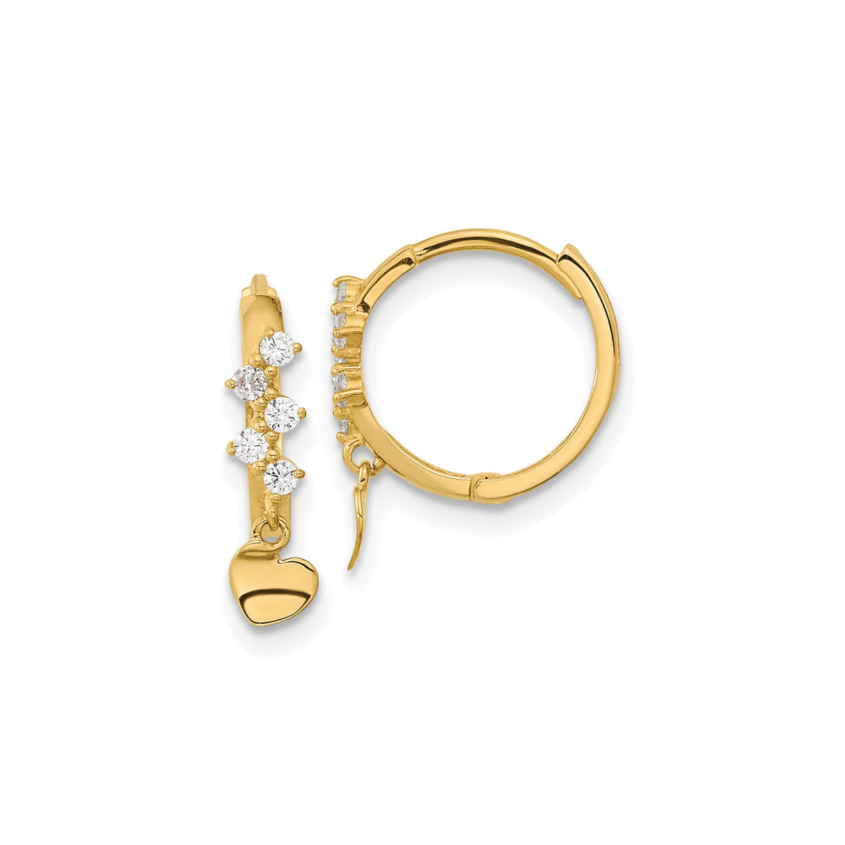 14k Yellow Gold Hoop Earrings with Cubic Zirconia and Polished Heart Charm Dangle Design