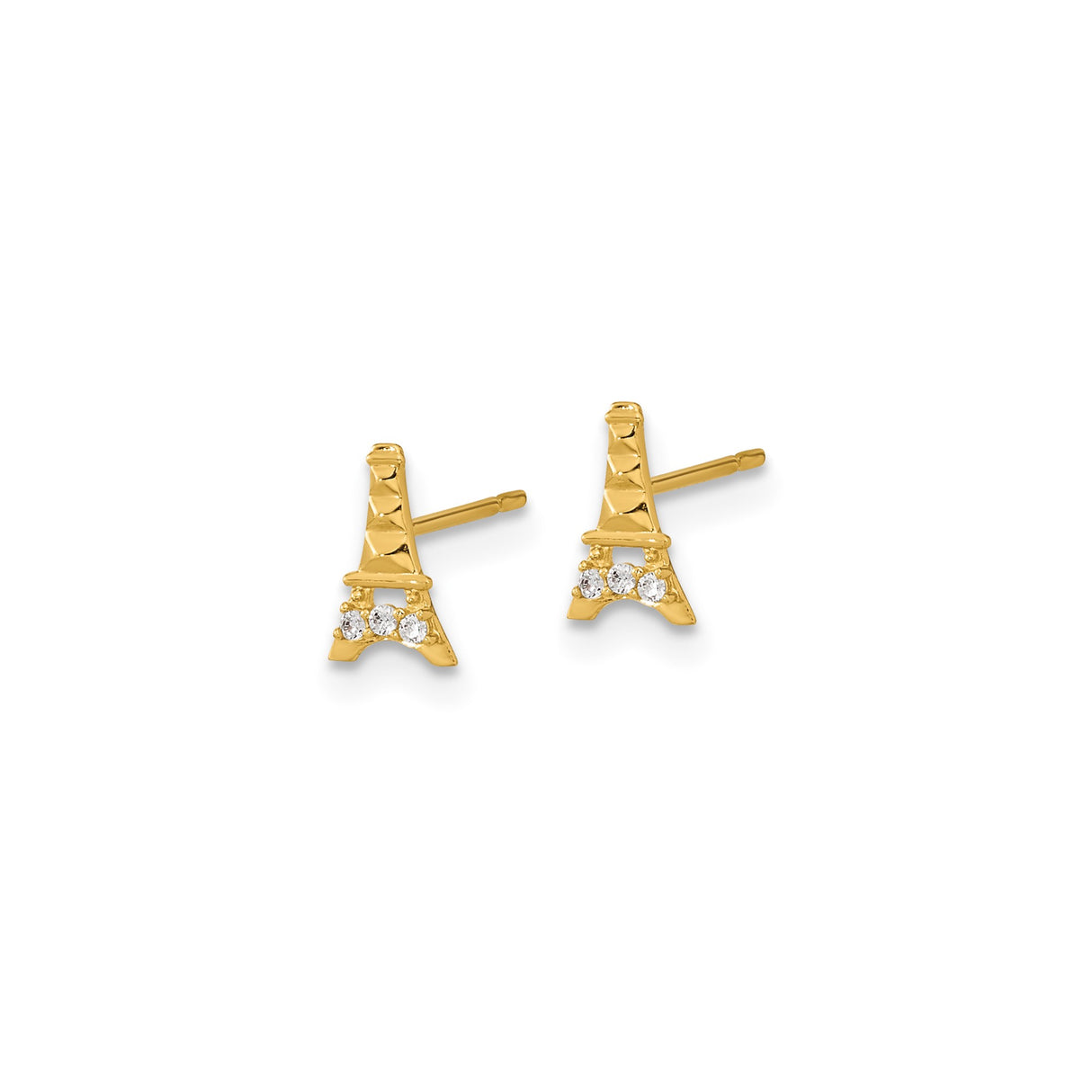 14k Yellow Gold Eiffel Tower Stud Earrings with Cubic Zirconia, Paris Inspired Romantic Jewelry