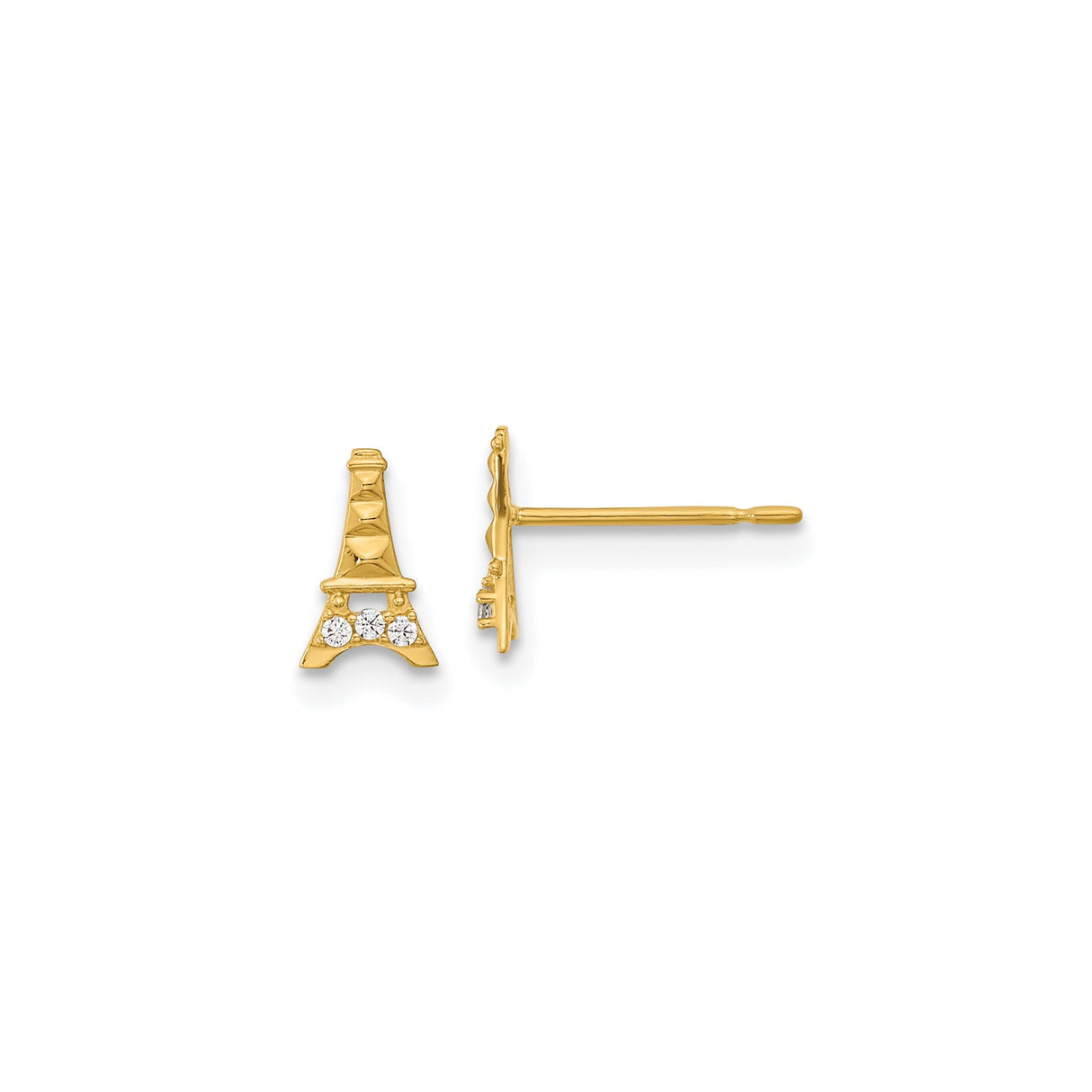 14k Yellow Gold Eiffel Tower Stud Earrings with Cubic Zirconia, Paris Inspired Romantic Jewelry