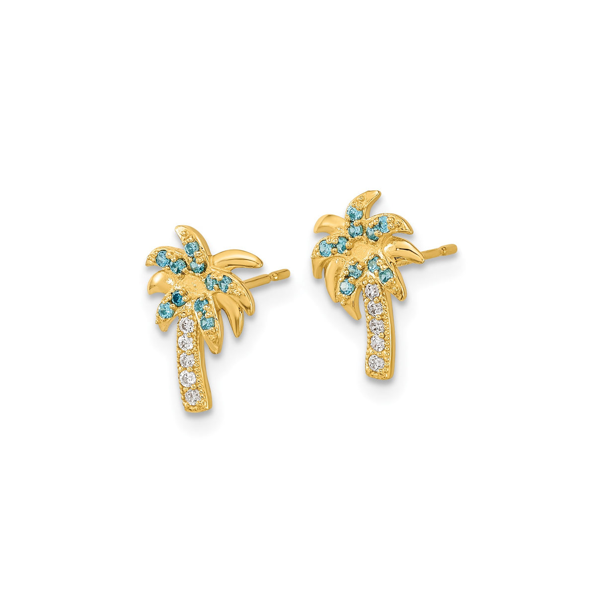 14k Yellow Gold Palm Tree Stud Earrings with Blue and White Cubic Zirconia, Tropical Style