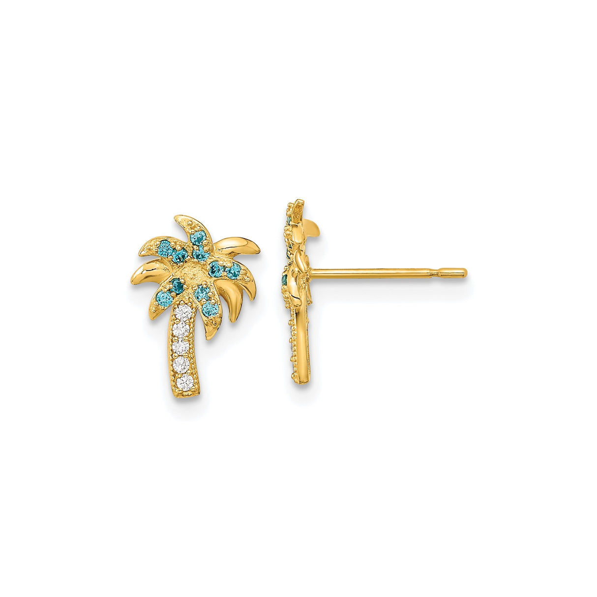 14k Yellow Gold Palm Tree Stud Earrings with Blue and White Cubic Zirconia, Tropical Style