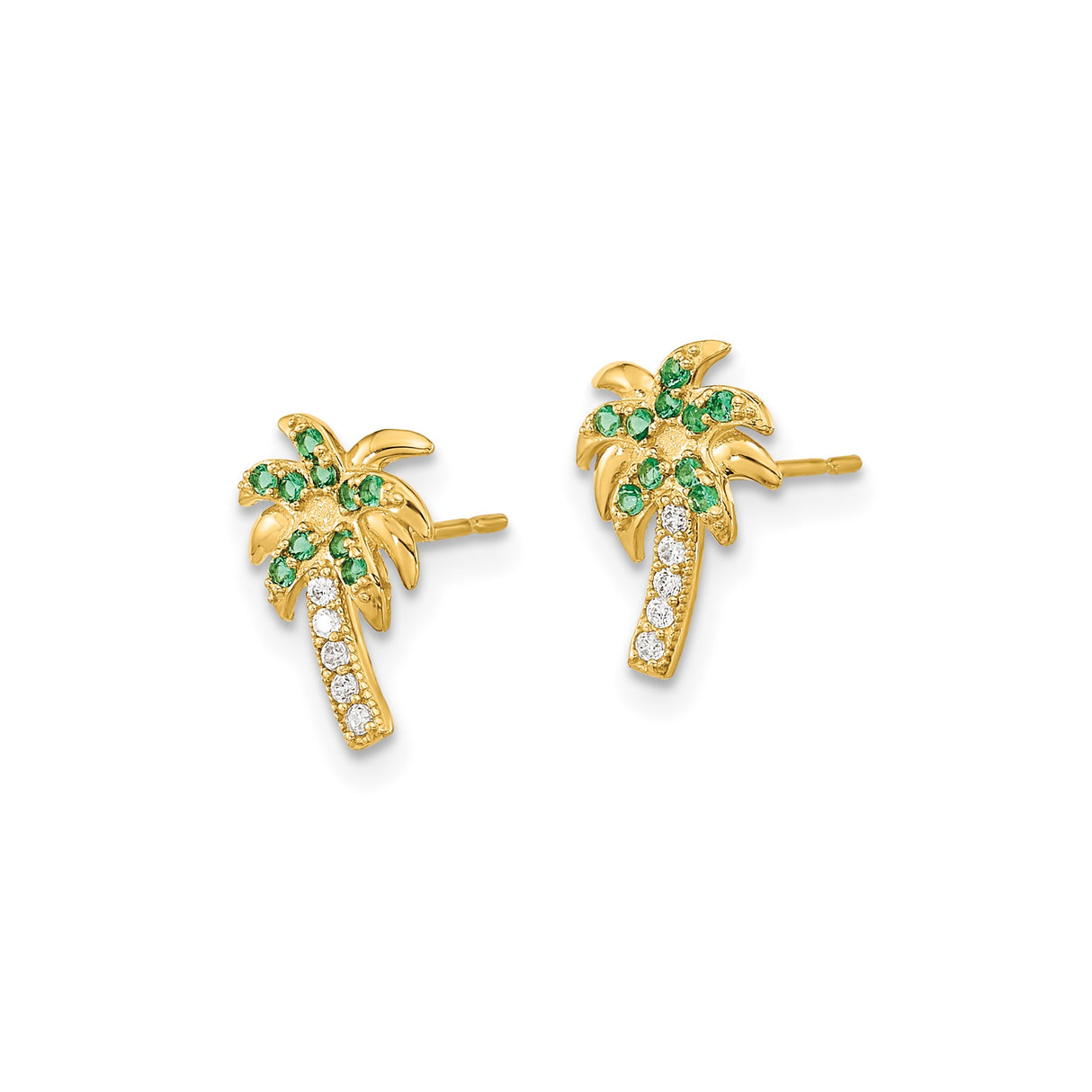 14k Yellow Gold Palm Tree Stud Earrings with Cubic Zirconia, Tropical Summer Style for Women