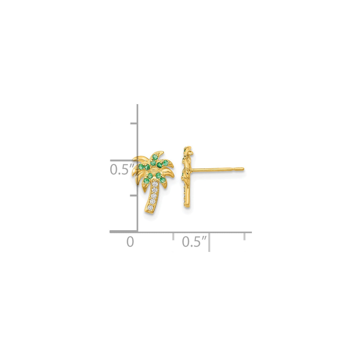 14k Yellow Gold Palm Tree Stud Earrings with Cubic Zirconia, Tropical Summer Style for Women