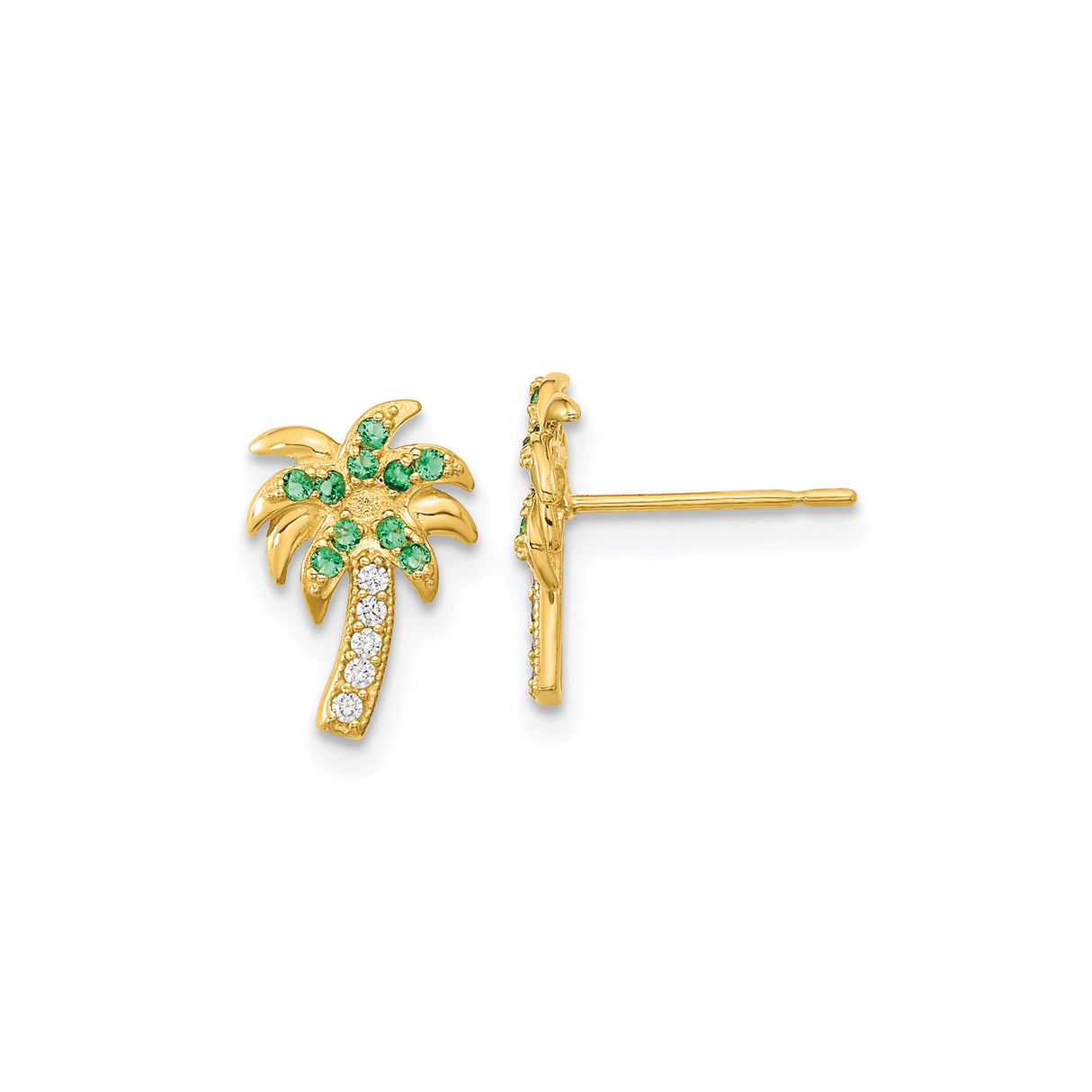 14k Yellow Gold Palm Tree Stud Earrings with Cubic Zirconia, Tropical Summer Style for Women