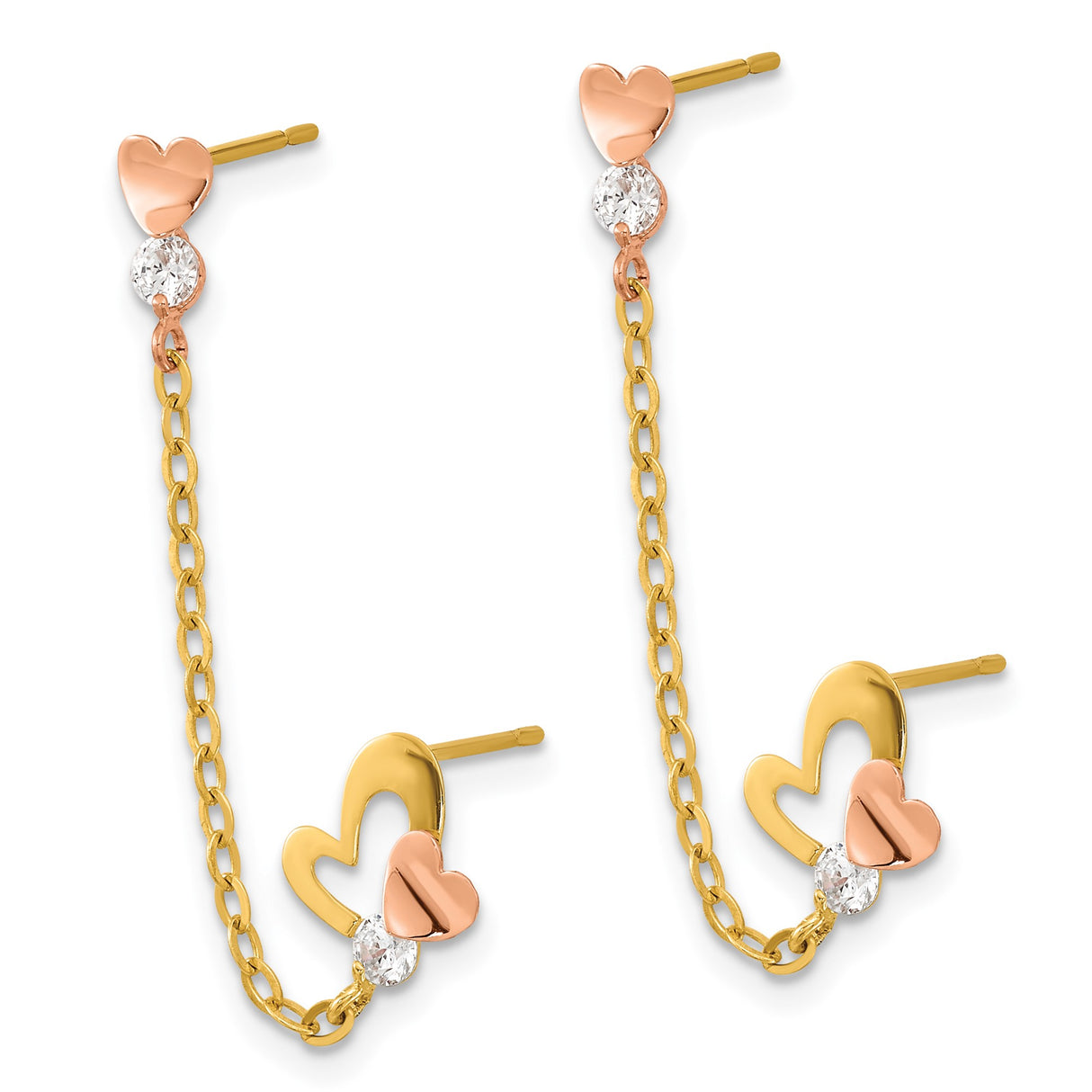 14k Yellow Gold Drop Earrings with Cubic Zirconia and Interlocking Heart Design