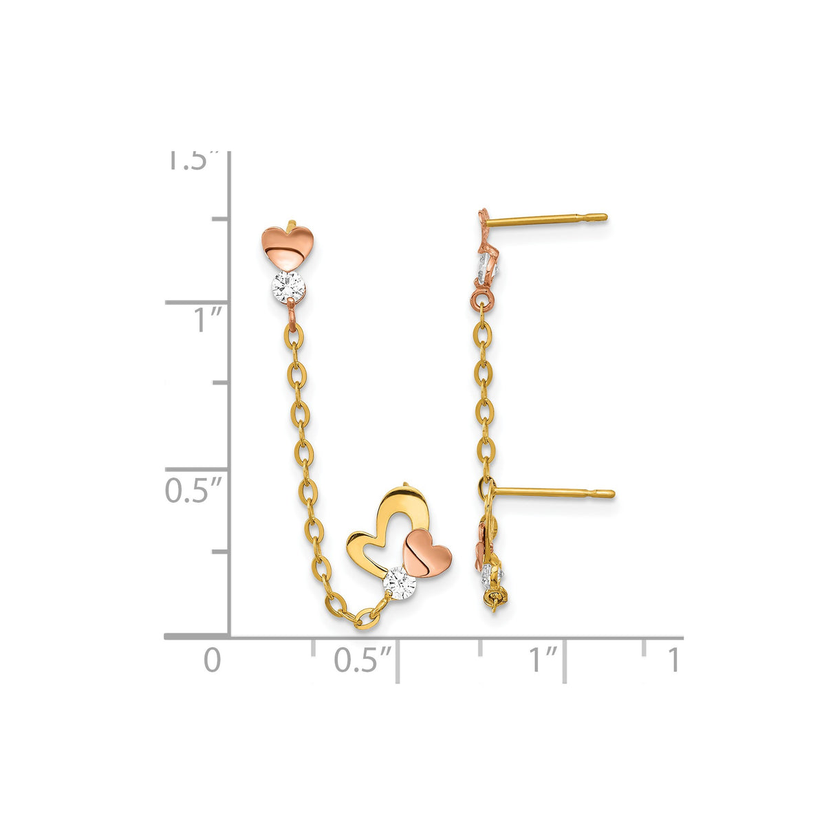 14k Yellow Gold Drop Earrings with Cubic Zirconia and Interlocking Heart Design