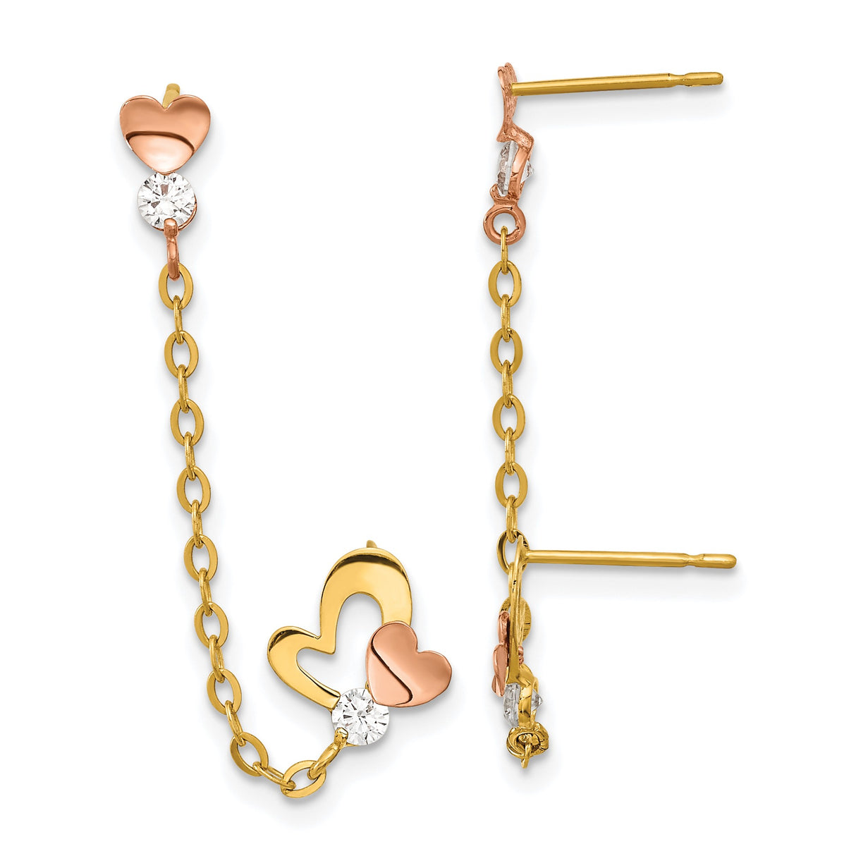 14k Yellow Gold Drop Earrings with Cubic Zirconia and Interlocking Heart Design