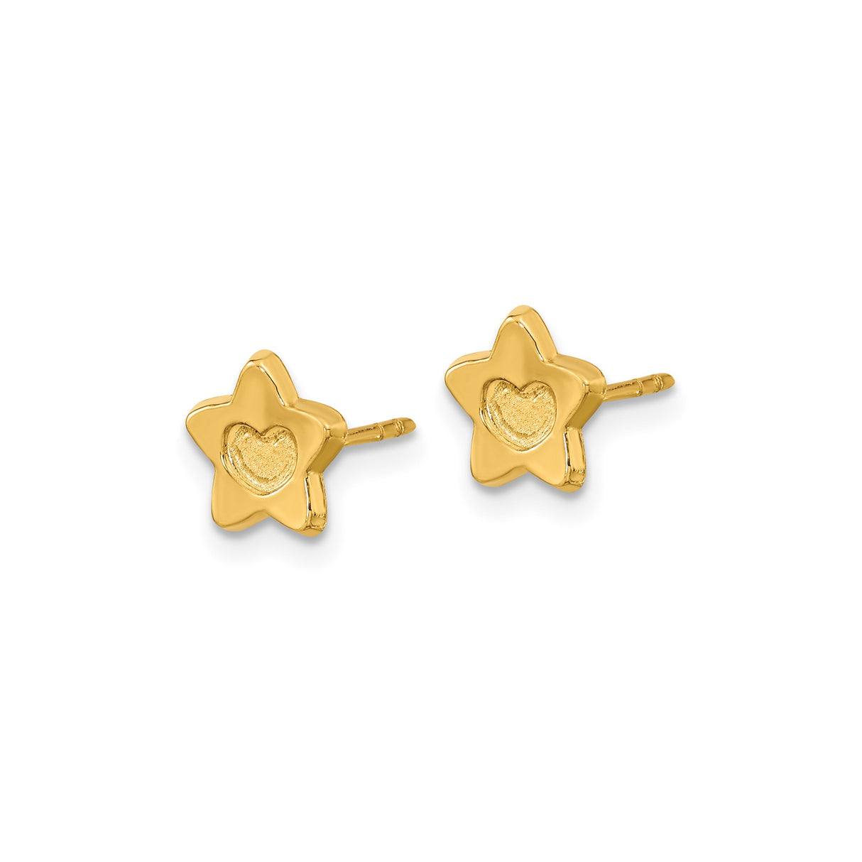 14k Yellow Gold Star Stud Earrings with Recessed Heart Design, Polished and Satin Finish