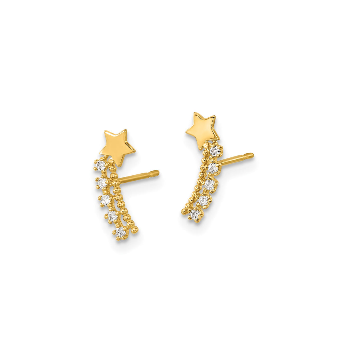 14k Yellow Gold Shooting Star Stud Earrings with Cubic Zirconia, Celestial Theme for Women