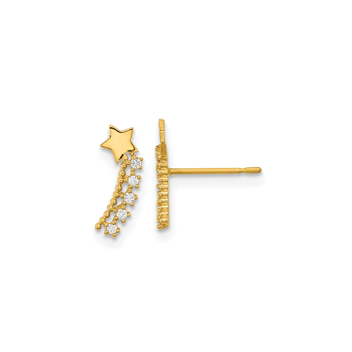14k Yellow Gold Shooting Star Stud Earrings with Cubic Zirconia, Celestial Theme for Women