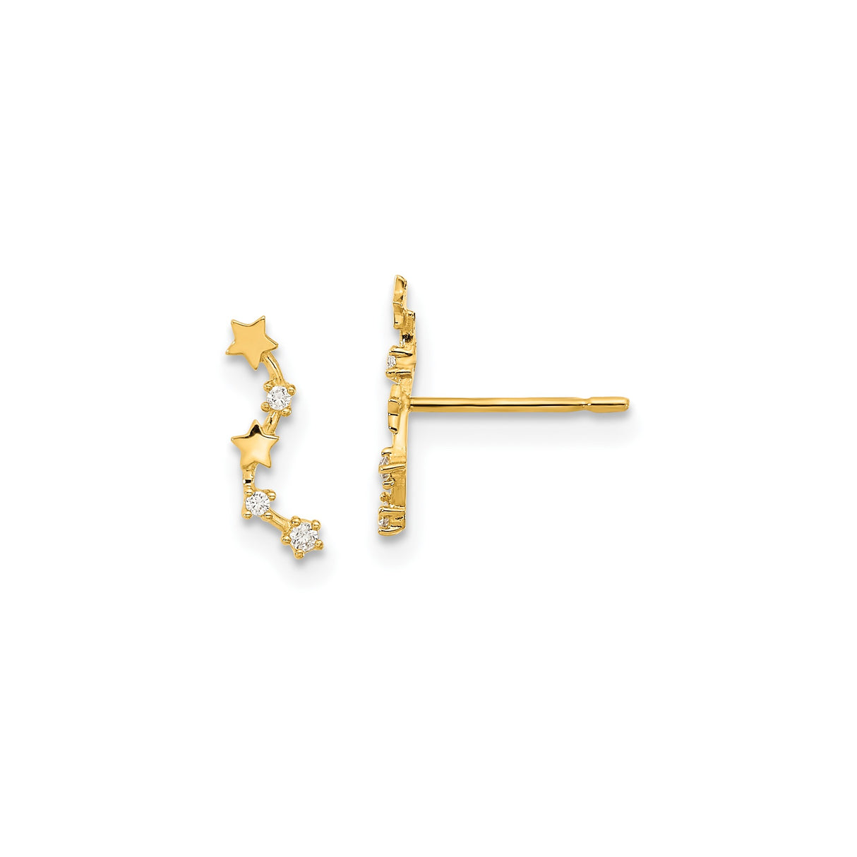 14k Yellow Gold Curved Constellation Stud Earrings with Cubic Zirconia and Star Accents