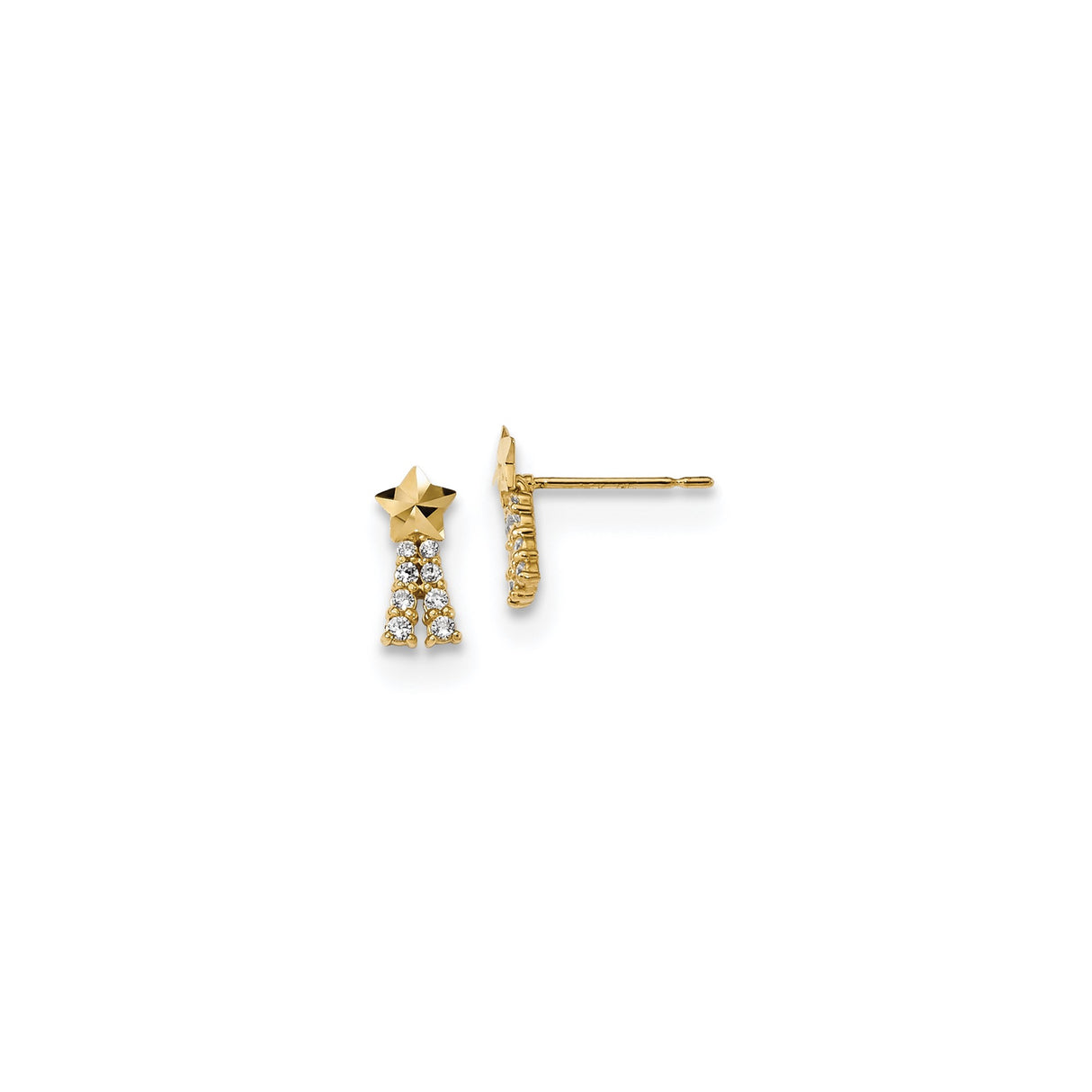 14k Yellow Gold Star Stud Earrings with Cubic Zirconia, Textured Celestial Design for Women