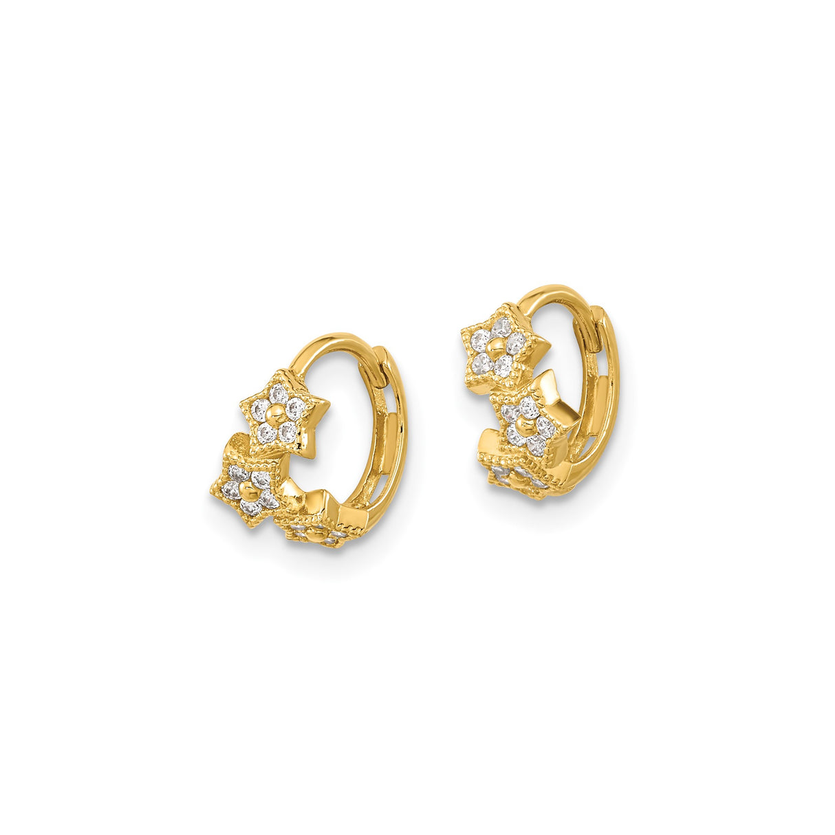 14k Yellow Gold Hoop Earrings with Cubic Zirconia, Triple Star Charms, Celestial Youth Design