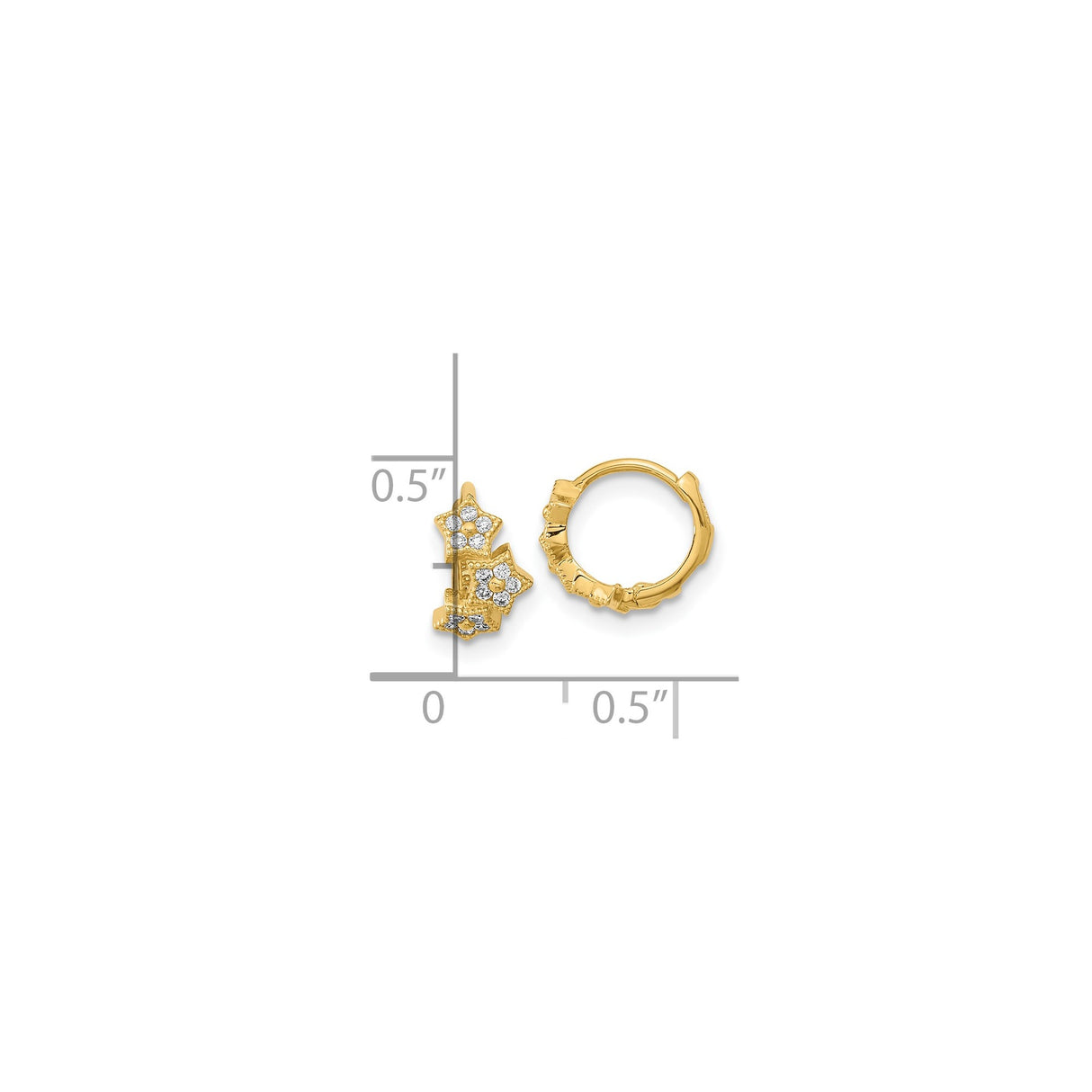 14k Yellow Gold Hoop Earrings with Cubic Zirconia, Triple Star Charms, Celestial Youth Design