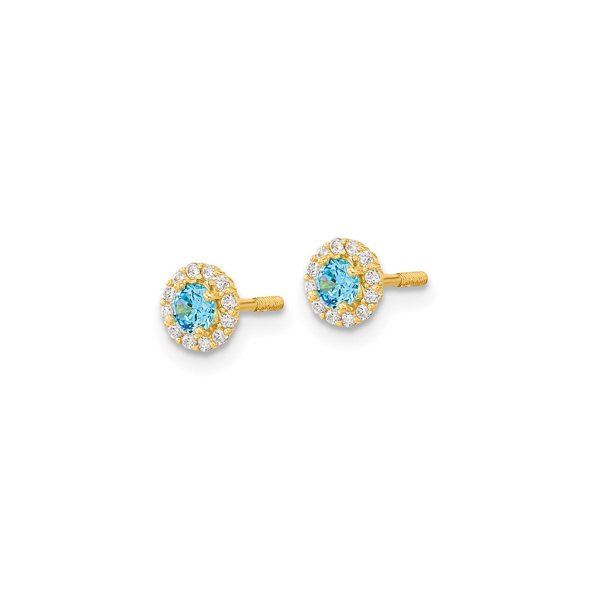 14k Yellow Gold Stud Earrings with Round Blue Cubic Zirconia and Halo Floral Design